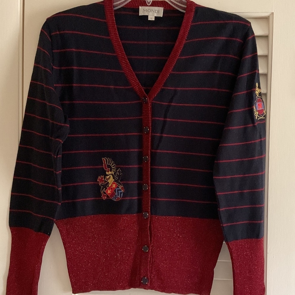 MONDI NAVY BLUE/RED CHERRY METALLIC WOOL BLEND LONG Sleeve V-NECK WOMAN CARDIGAN